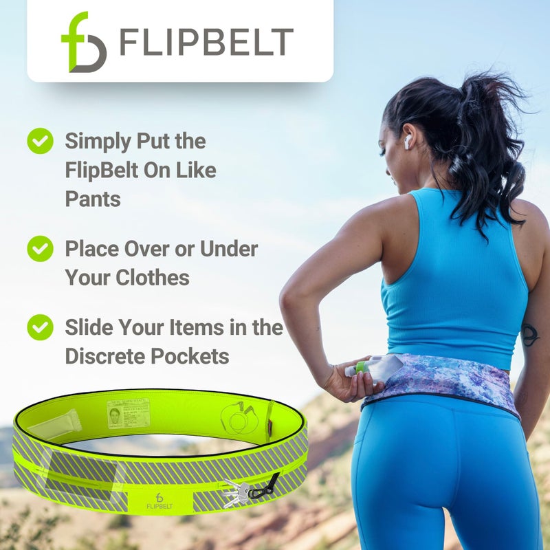 FlipBelt حزام فليب بيلت الكلاسيكي للجري للهاتف والإكسسوارات الصغيرة، حقيبة خصر للتمارين للنساء والرجال، L، أصفر نيون عاكس - Image 5